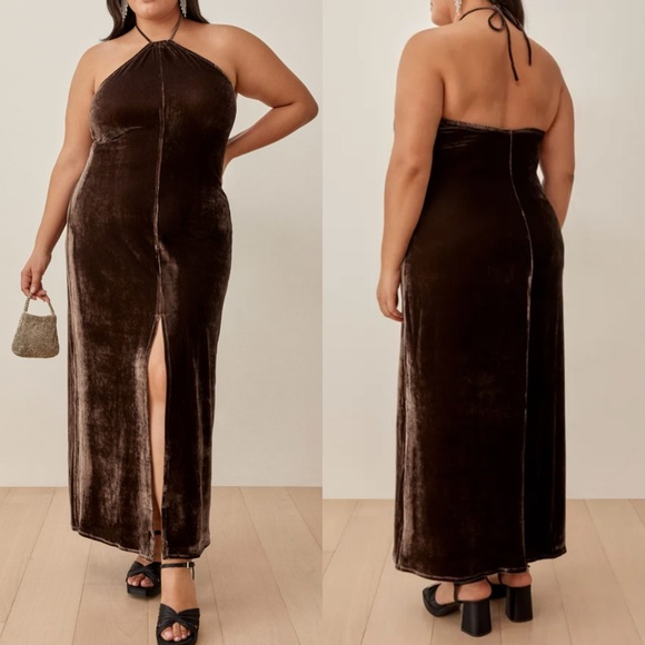 Reformation Dresses Reformation Nyla Velvet Halter Maxi Dress Brown
